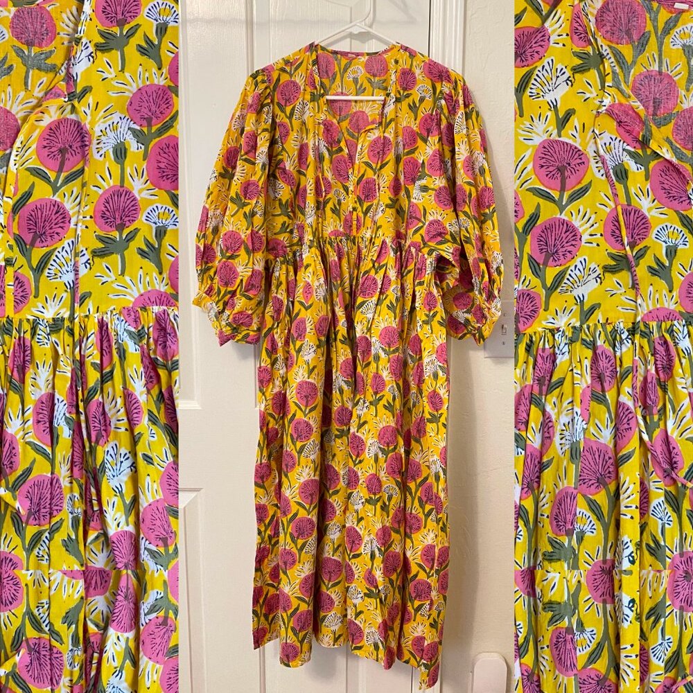 Cotton block print dress floral lightweight midi sundress yellow